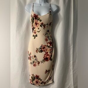 Nude fitted floral midi dress